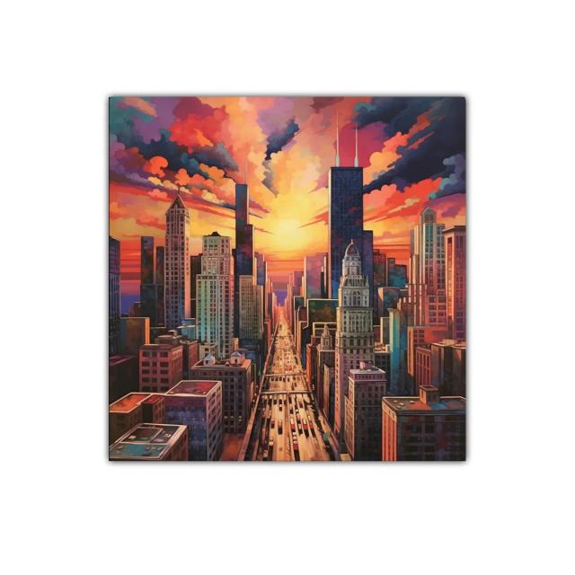 Atardecer vibrante en ciudad urbana con rascacielos