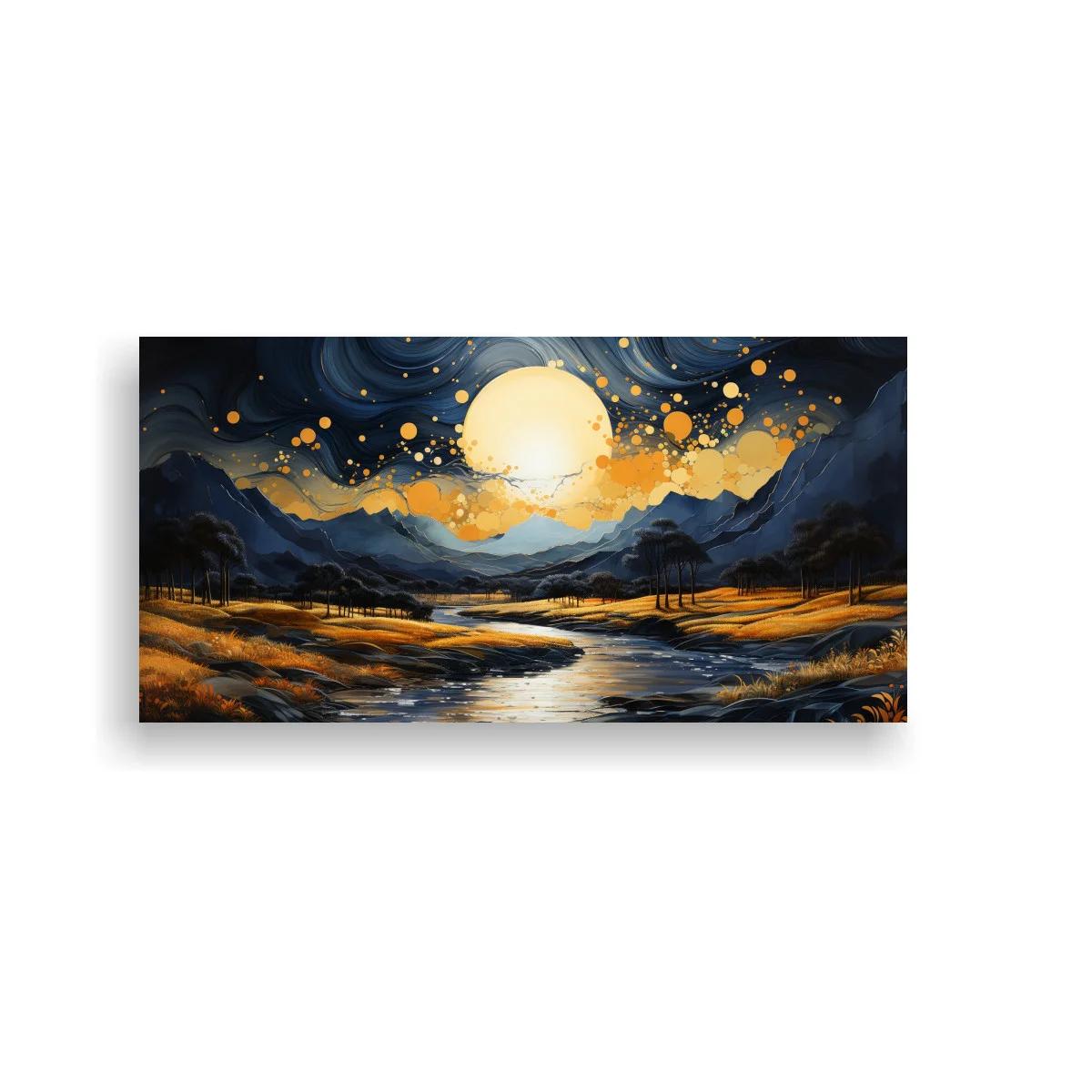 Cuadro paisaje nocturno con luna llena y río serpenteante