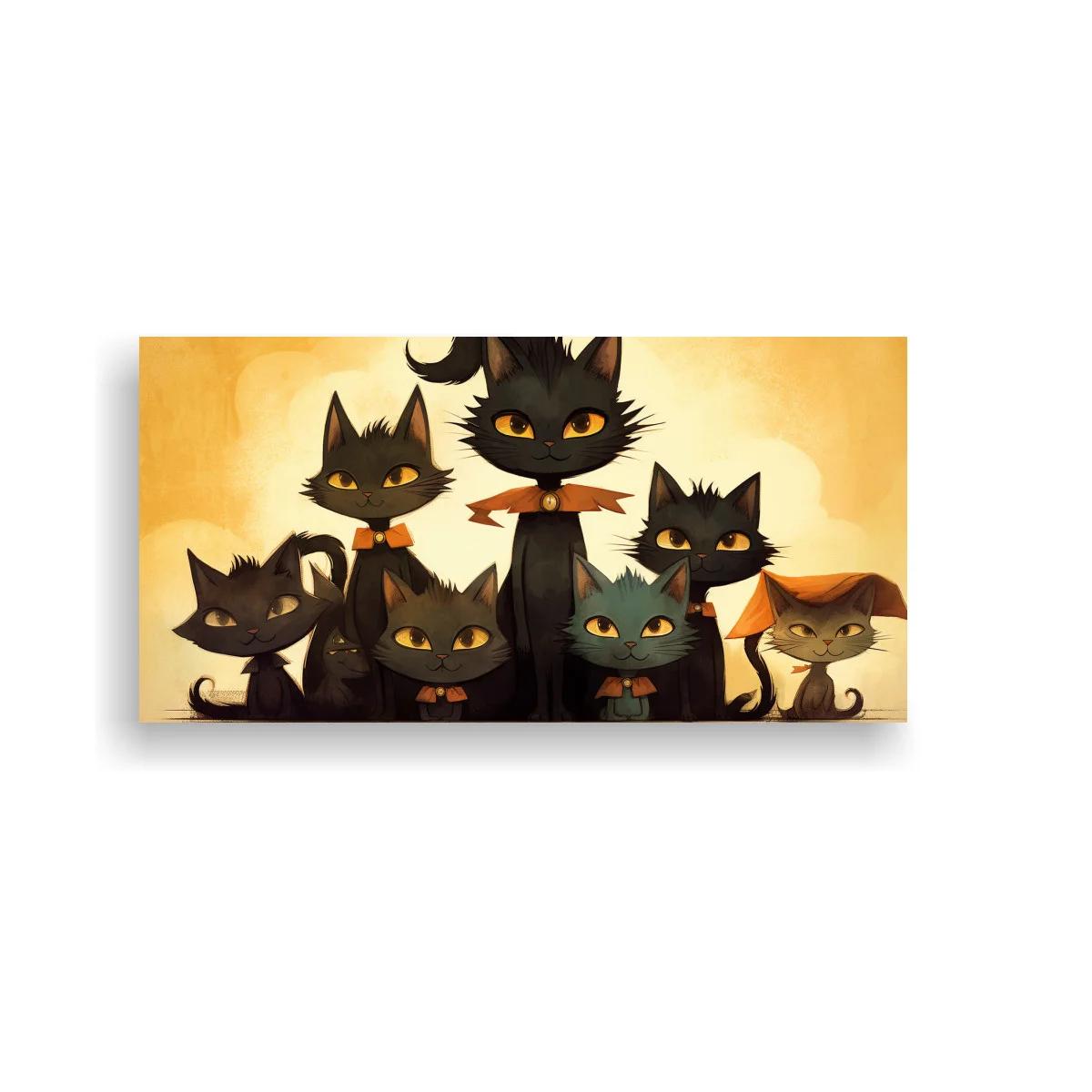 Cuadro grupo de gatos negros con murciélago