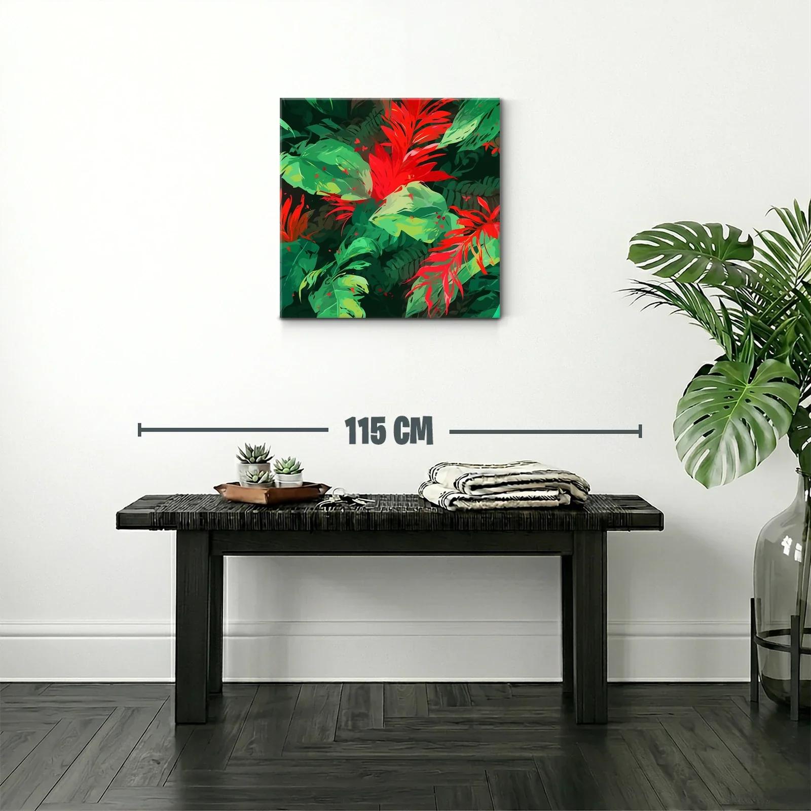 Vibrante cuadro con hojas y flores tropicales rojas y verdes — miniatura 2