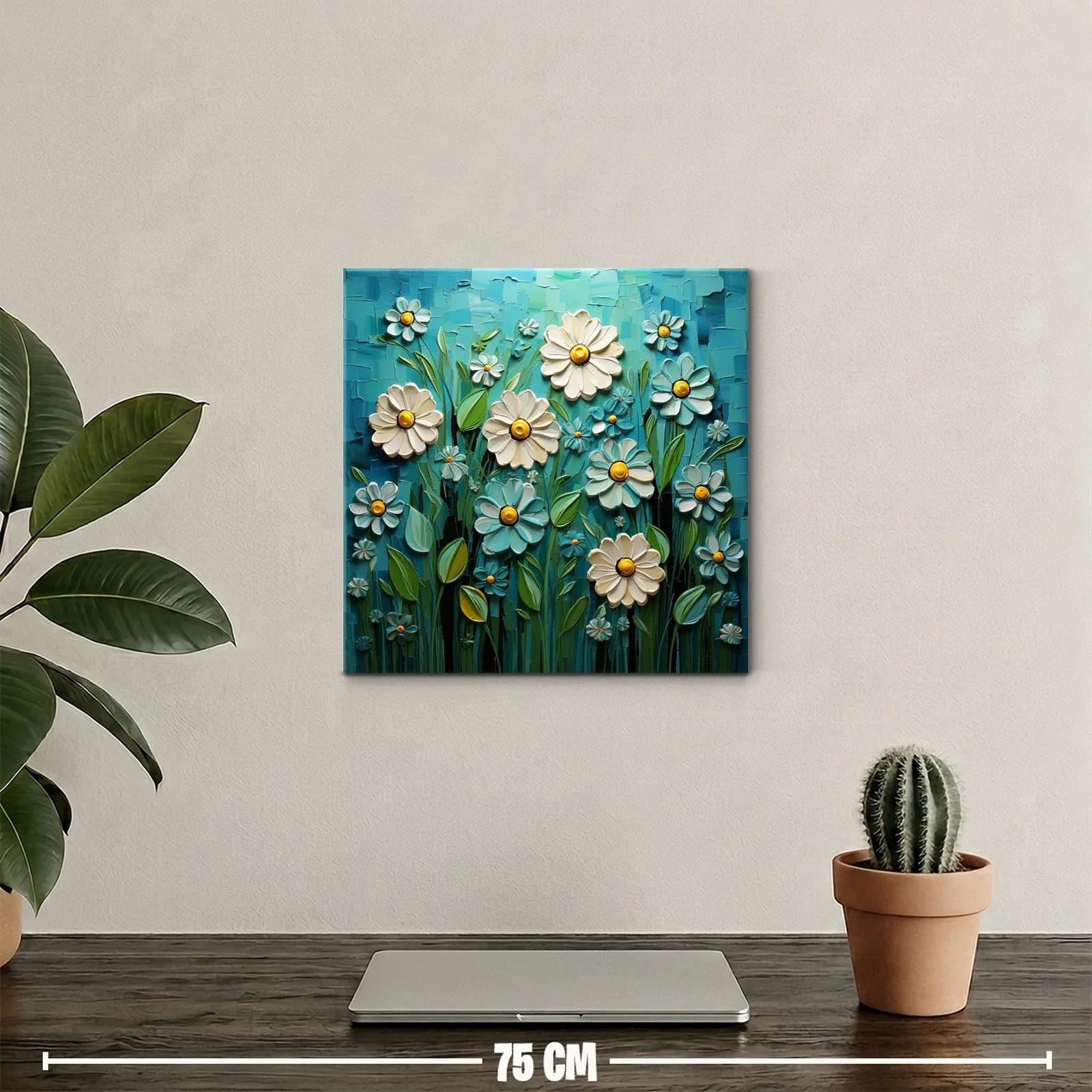 Flores blancas y azules con detalles amarillos en campo vibrante — miniatura 2