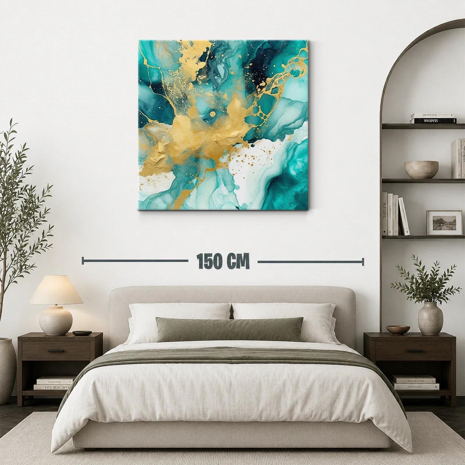 Cuadro abstracto con tonos turquesa y dorados vibrantes — miniatura 3