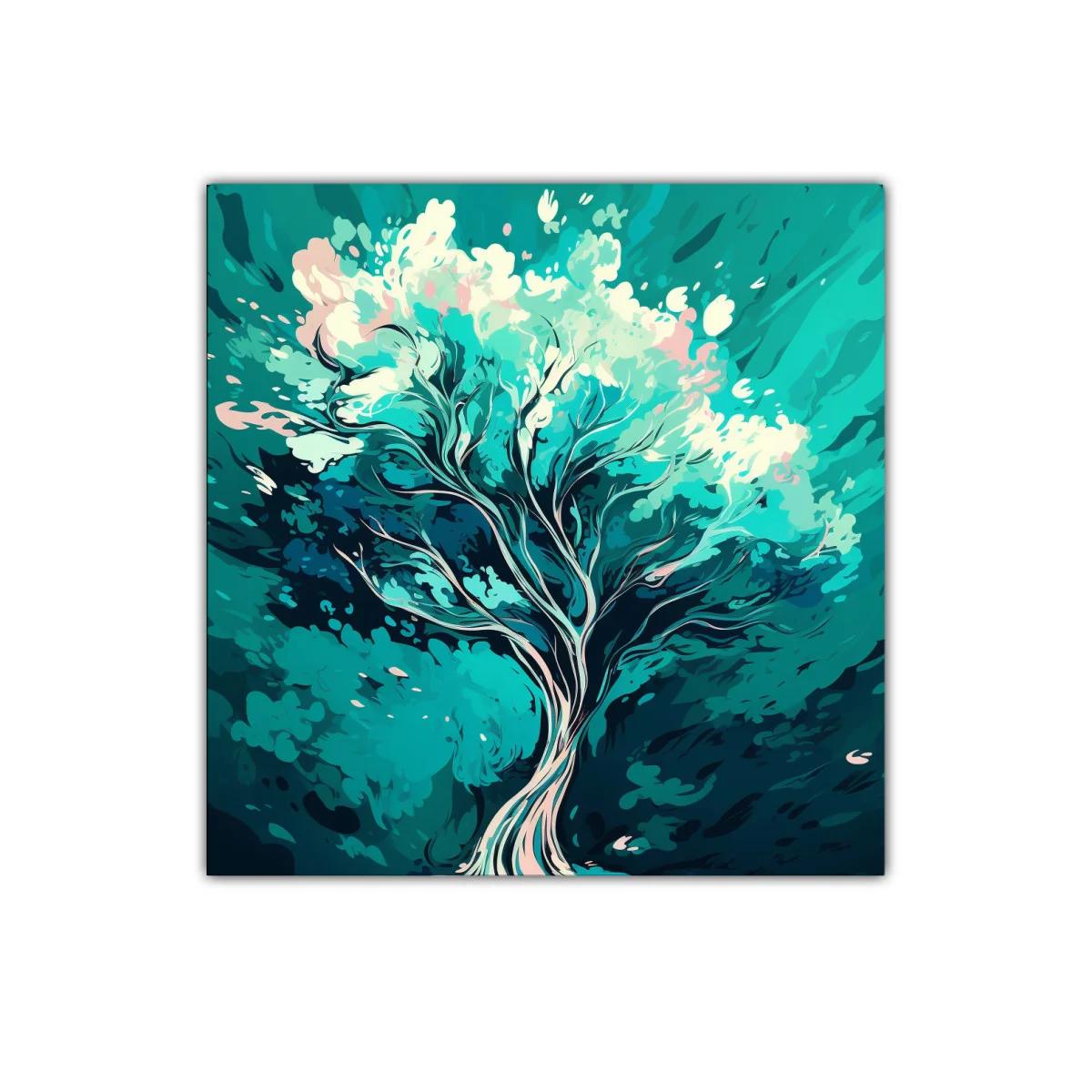 Cuadro decorativo moderno con árbol en tonos azules y turquesa