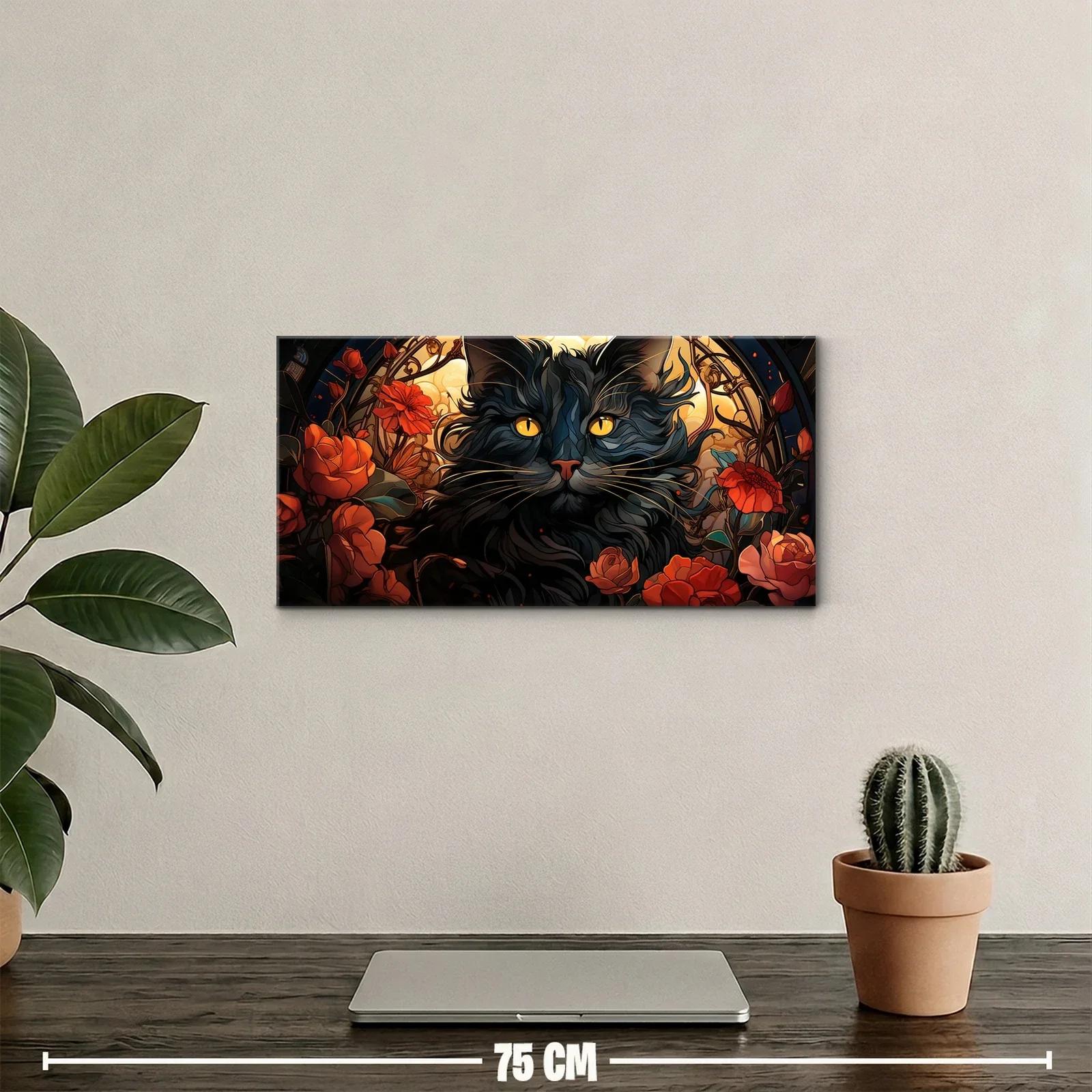 Cuadro gato negro de ojos amarillos con flores y motivo circular — miniatura 2