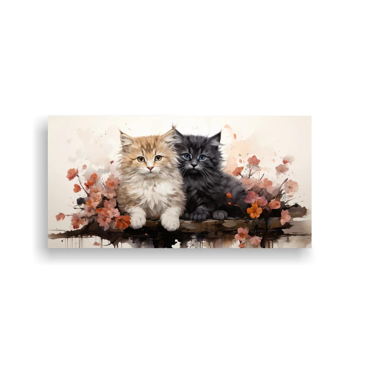 Cuadro dos gatitos peludos con flores y pinceladas sueltas