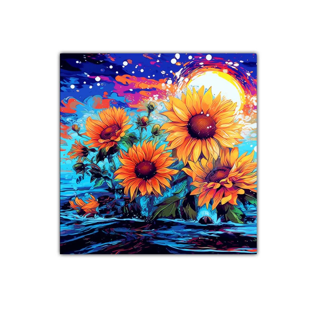 Cuadro vibrante de girasoles con fondo azul y naranja — imagen principal