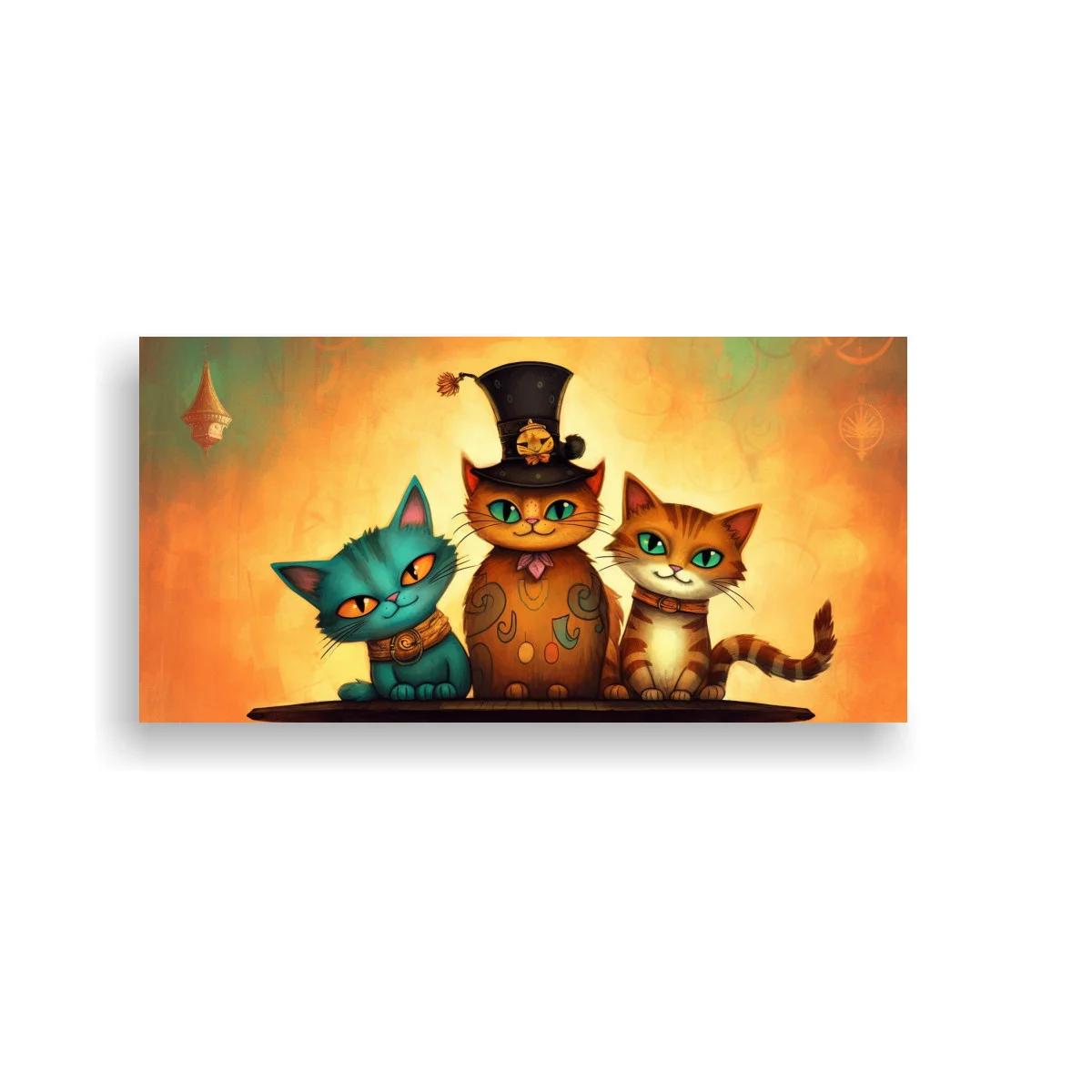 Cuadro tres gatos caricaturescos con sombrero de copa negro