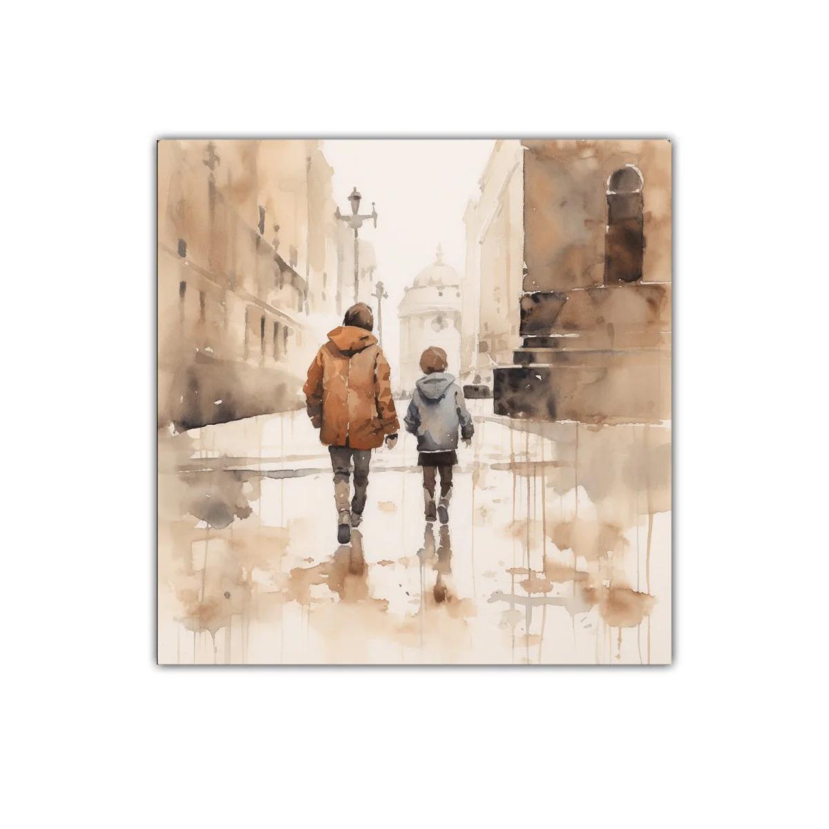 Paseo urbano de dos figuras en acuarela cálida — imagen principal