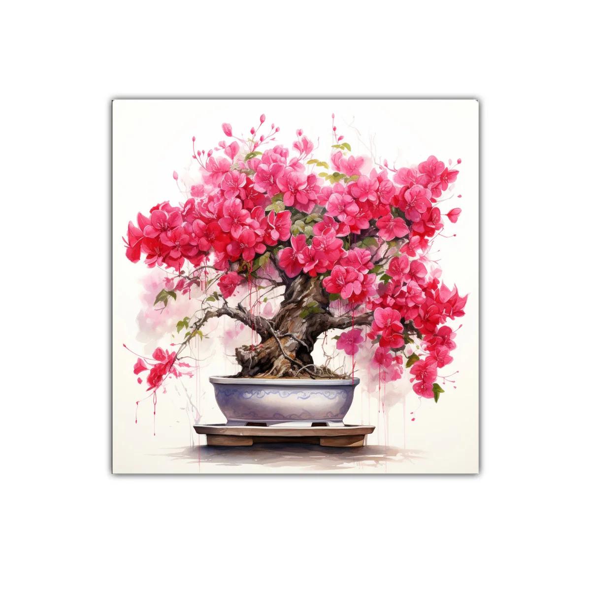 Cuadro decorativo con bonsái y flores fucsias vibrantes — imagen principal