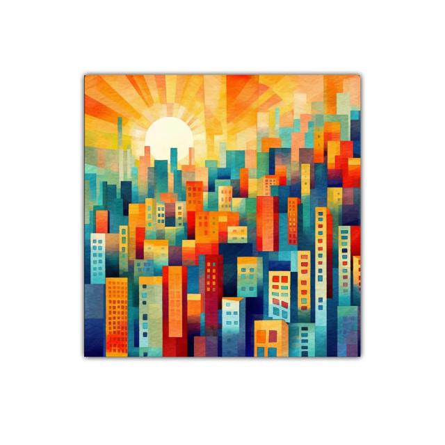 Ciudad vibrante con sol radiante al amanecer