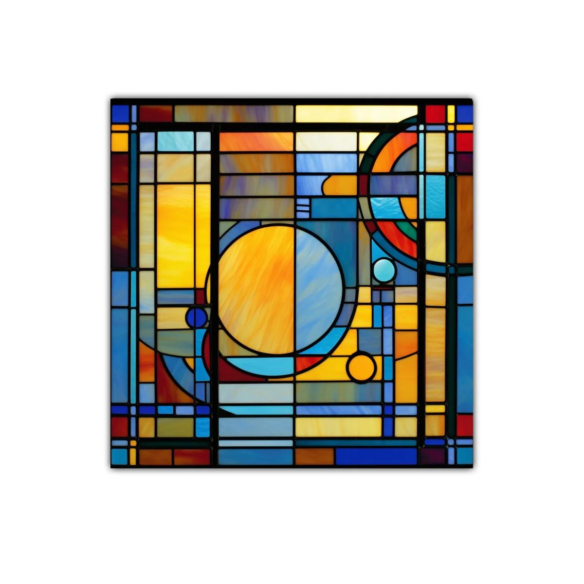 Cuadro geométrico con tonos cálidos y fríos en vitrales — imagen principal