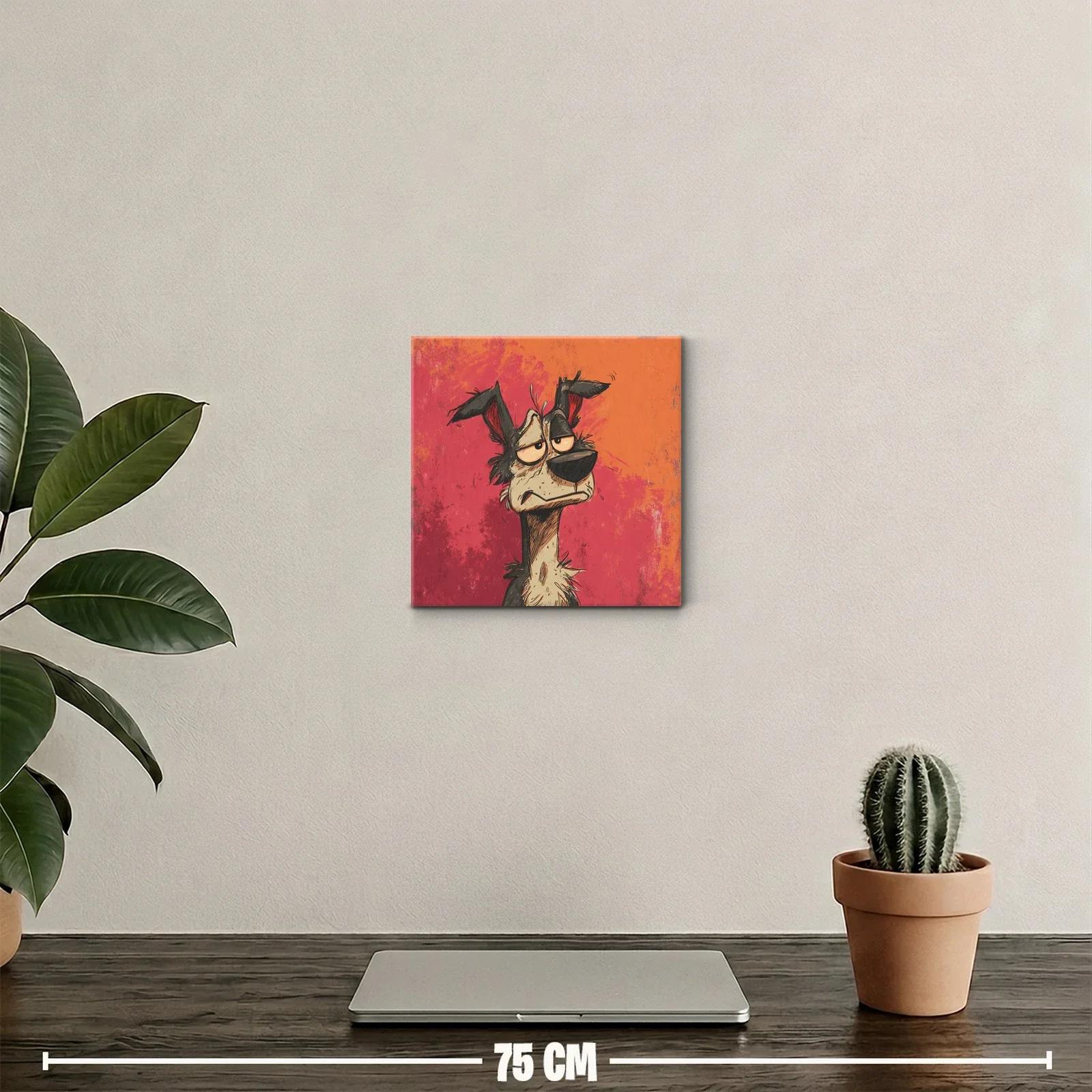 Cuadro decorativo con perro caricatura expresivo en fondo rojo y naranja — miniatura 2