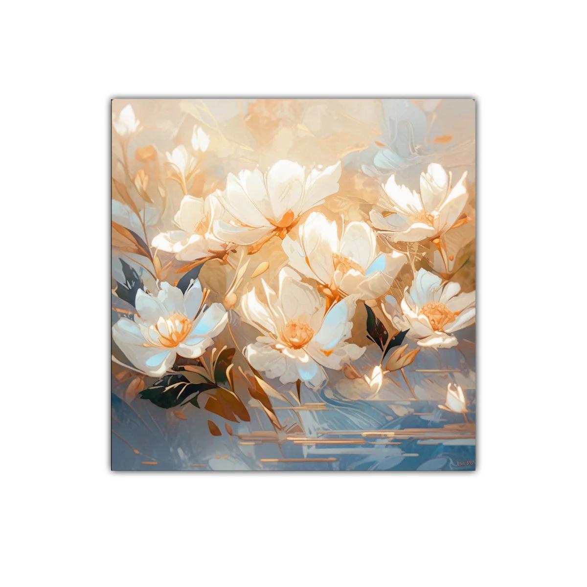 Cuadro floral con flores blancas y tonos cálidos y azules — imagen principal