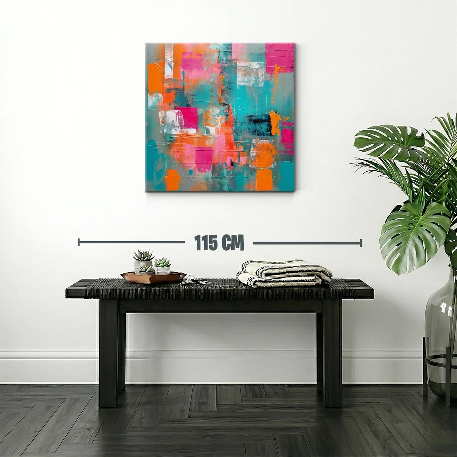 Cuadro abstracto con vibrantes tonos turquesa naranja y rosa — miniatura 2