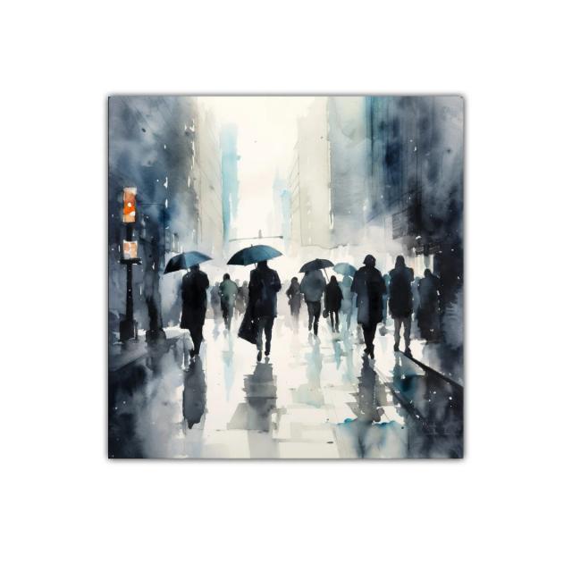 Escena Urbana con Personajes y Paraguas en Días Lluviosos