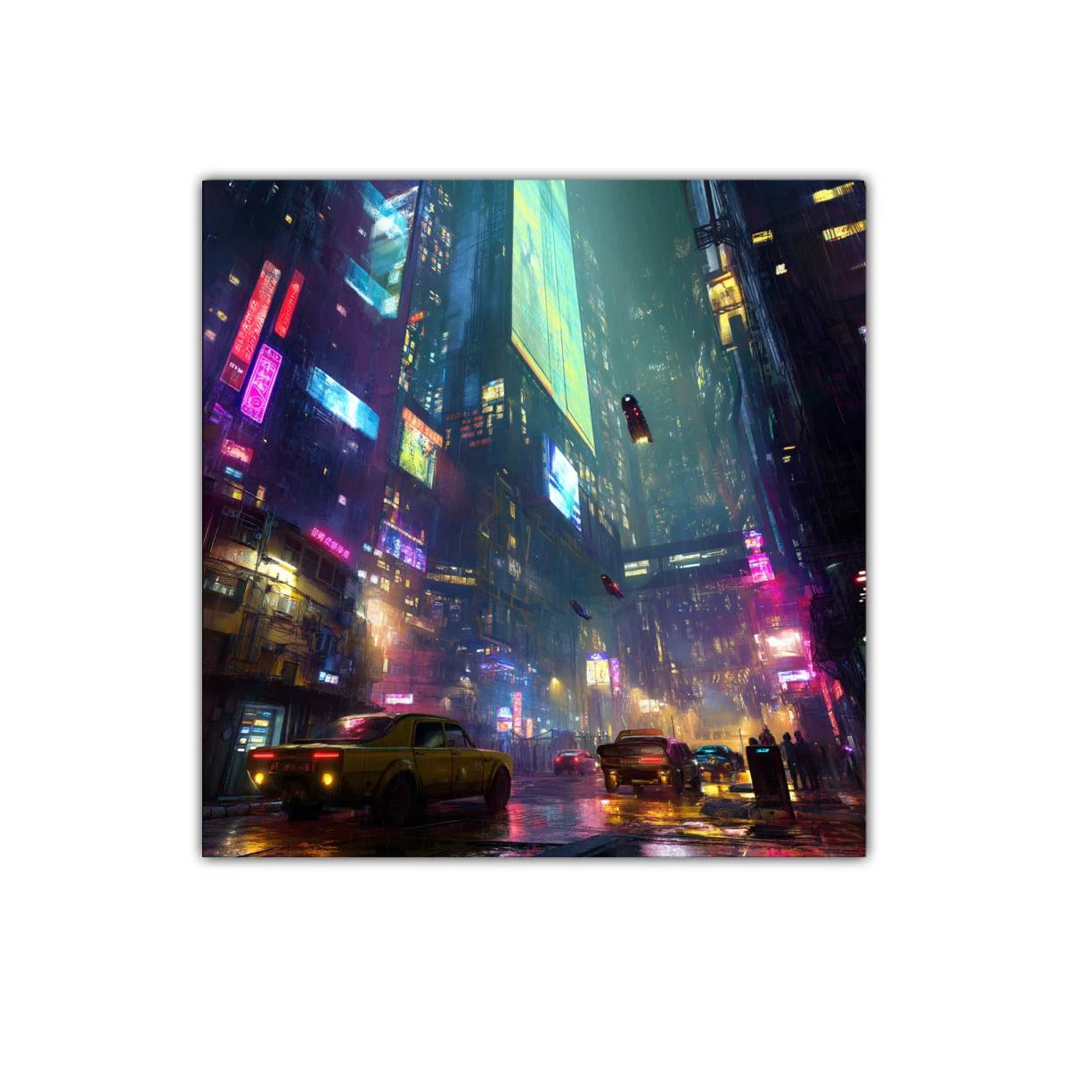 Ciudad futurista nocturna con luces de neón y tráfico urbano — miniatura 1