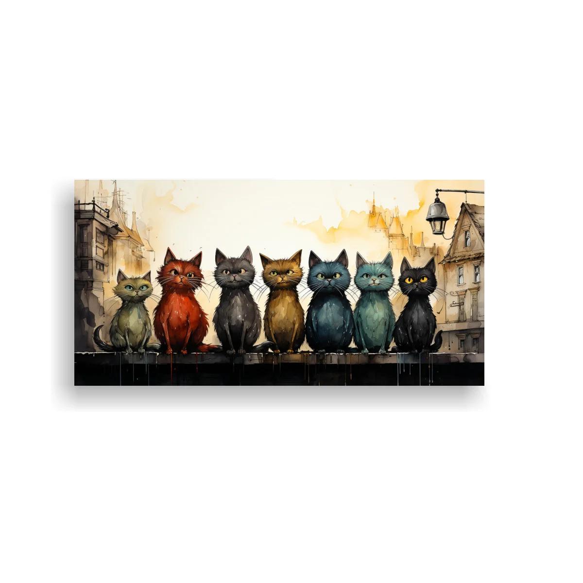 Cuadro fila de gatos con faroles urbanos