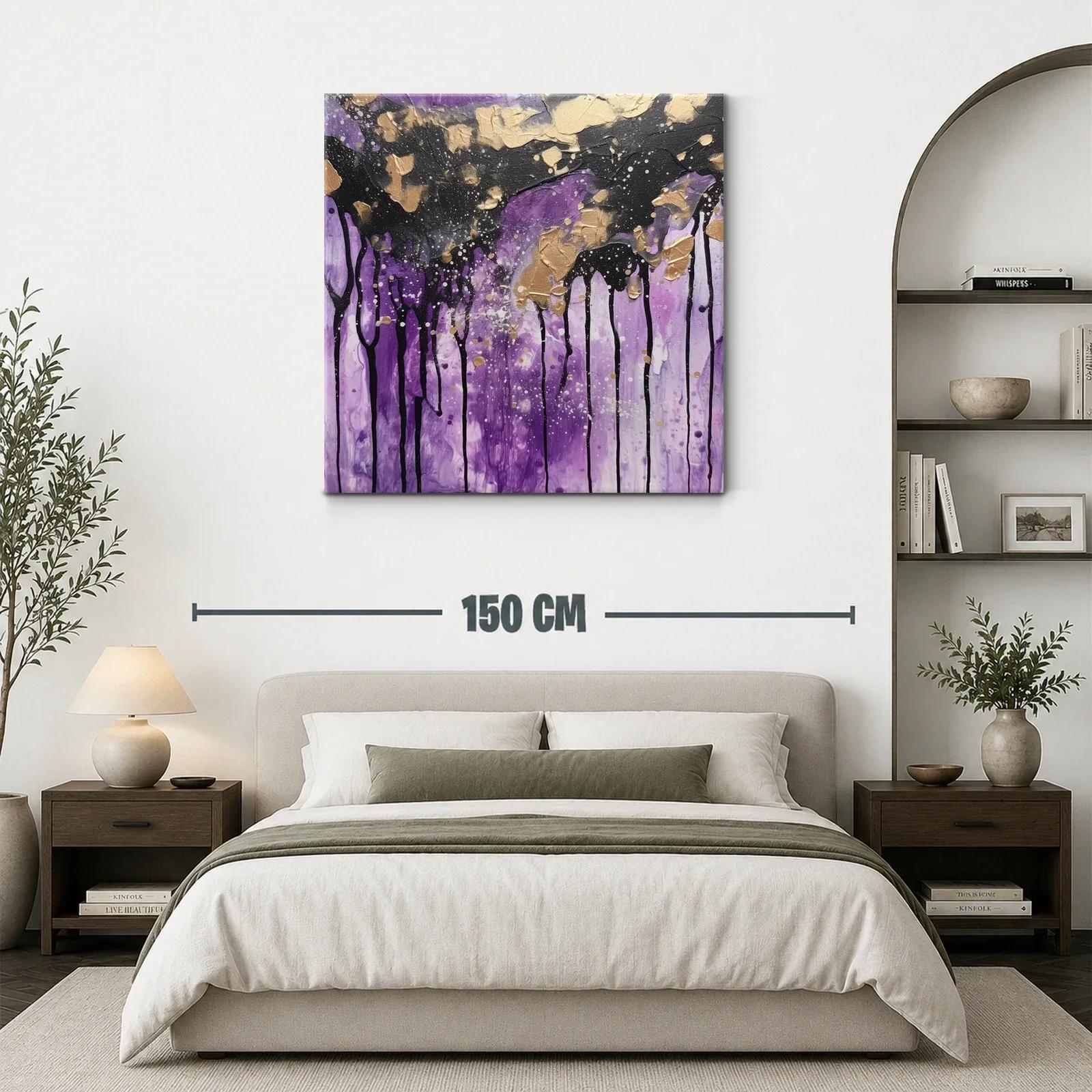 Cuadro abstracto con tonos violetas y detalles dorados — miniatura 3