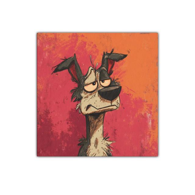 Cuadro decorativo con perro caricatura expresivo en fondo rojo y naranja