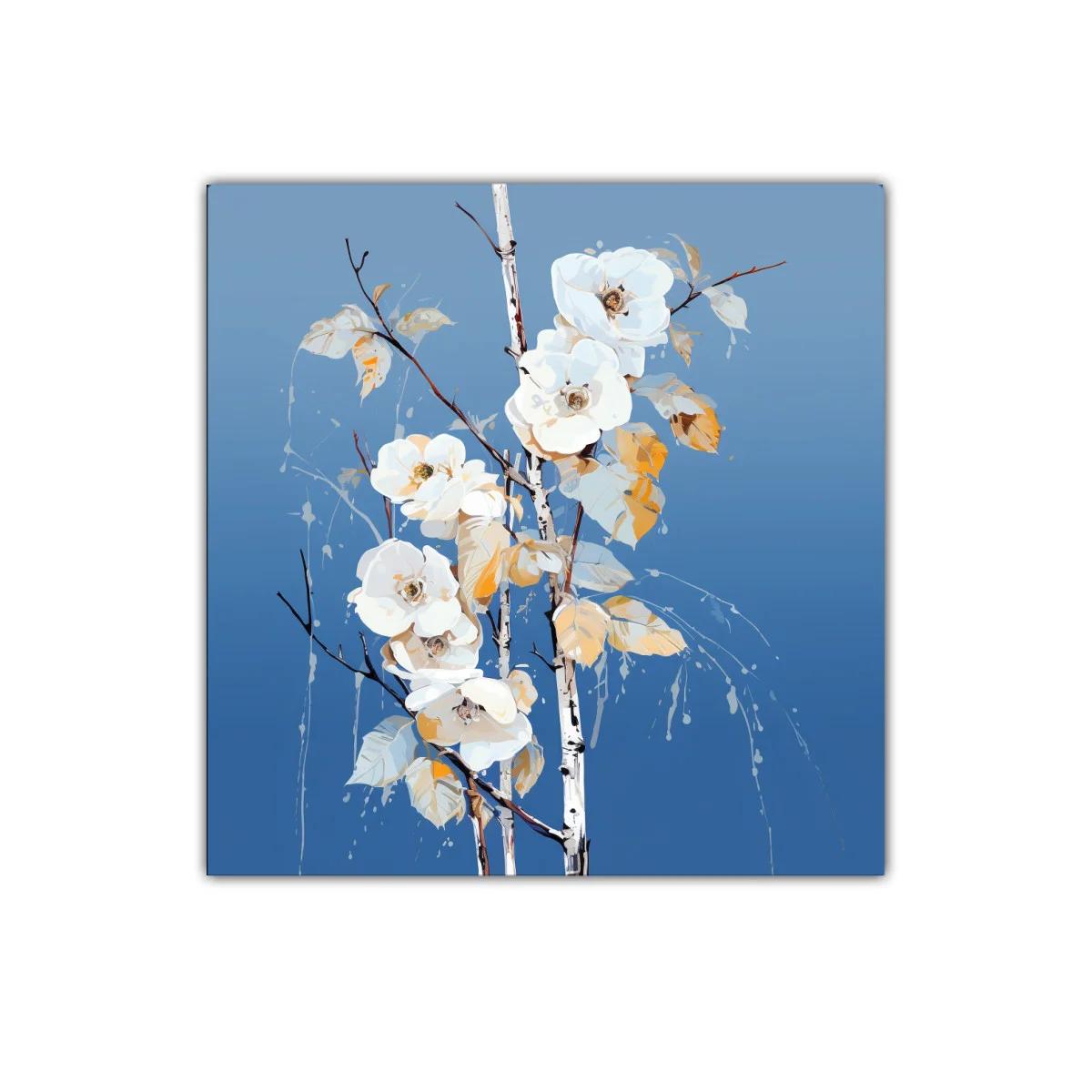 Arte floral delicado con flores blancas sobre fondo azul