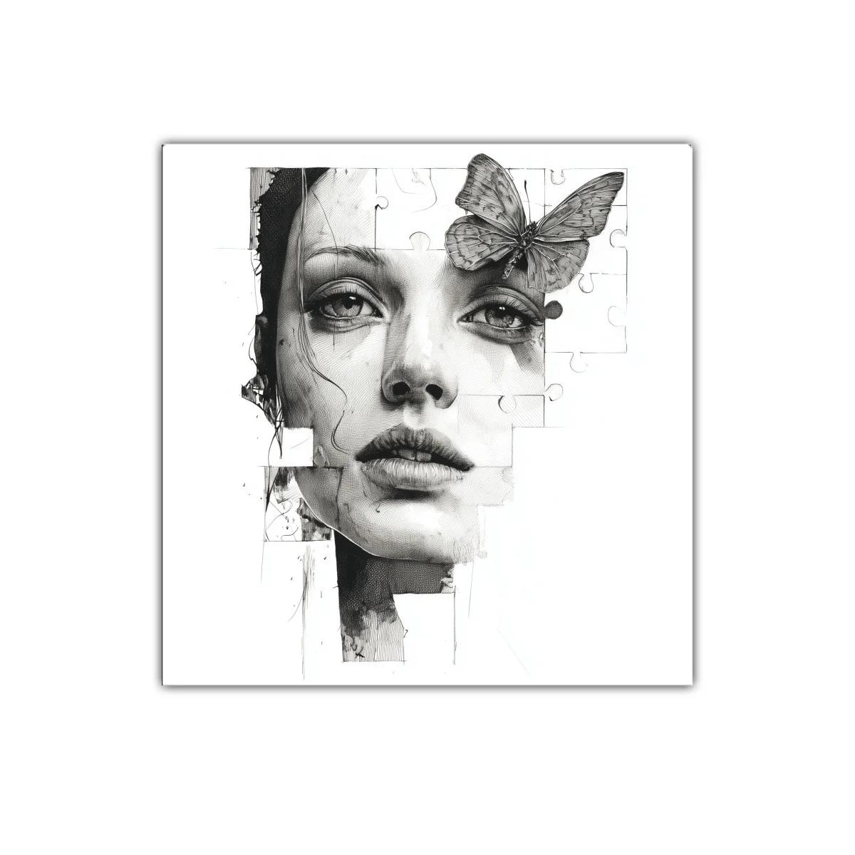 Retrato femenino con mariposa en diseño de rompecabezas — imagen principal