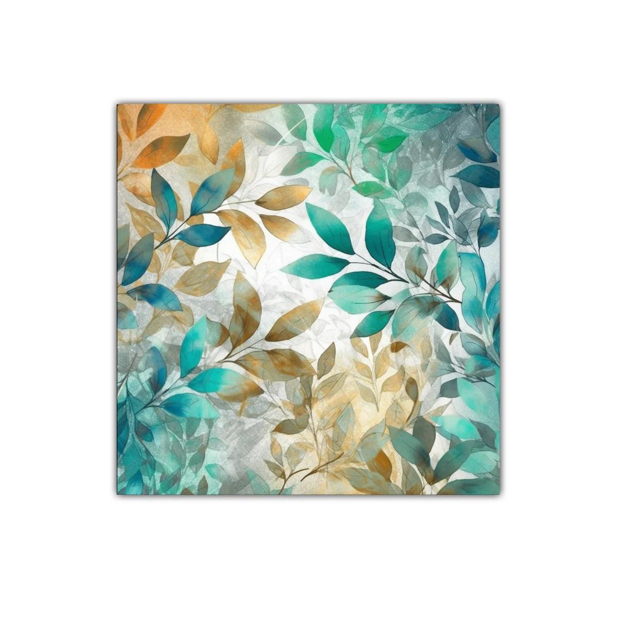 Cuadro decorativo con hojas en tonos azules y dorados