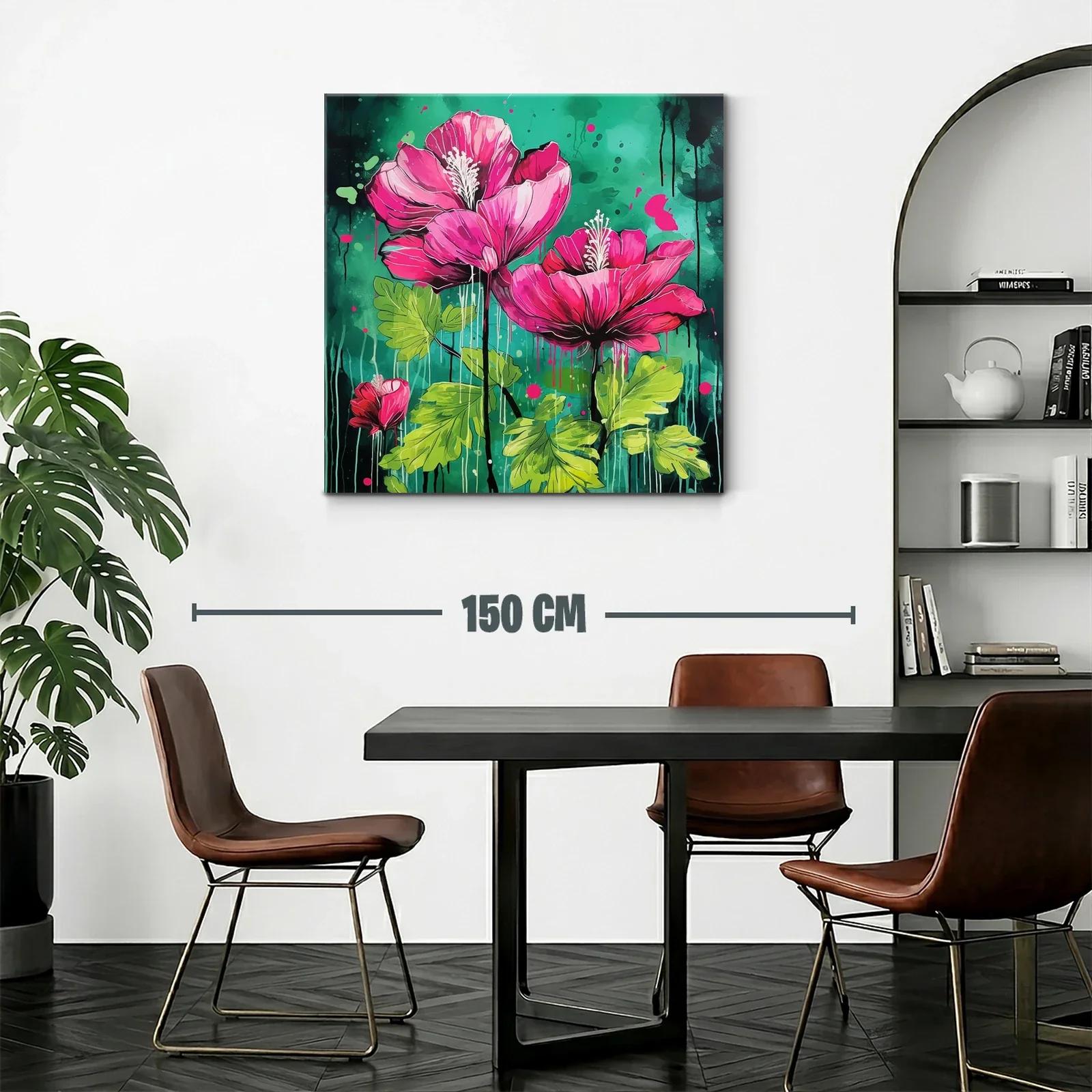Cuadro vibrante con flores fucsias sobre fondo verde intenso — miniatura 2