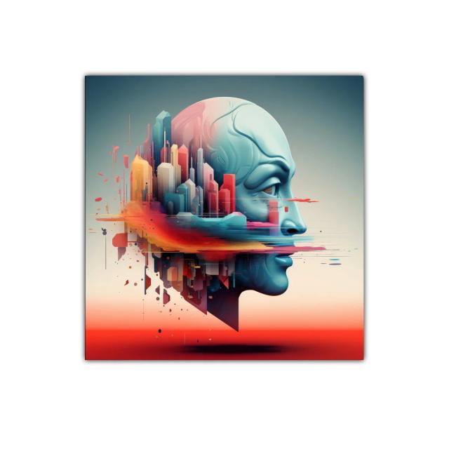 Rostro futurista con ciudad integrada en tonos vibrantes