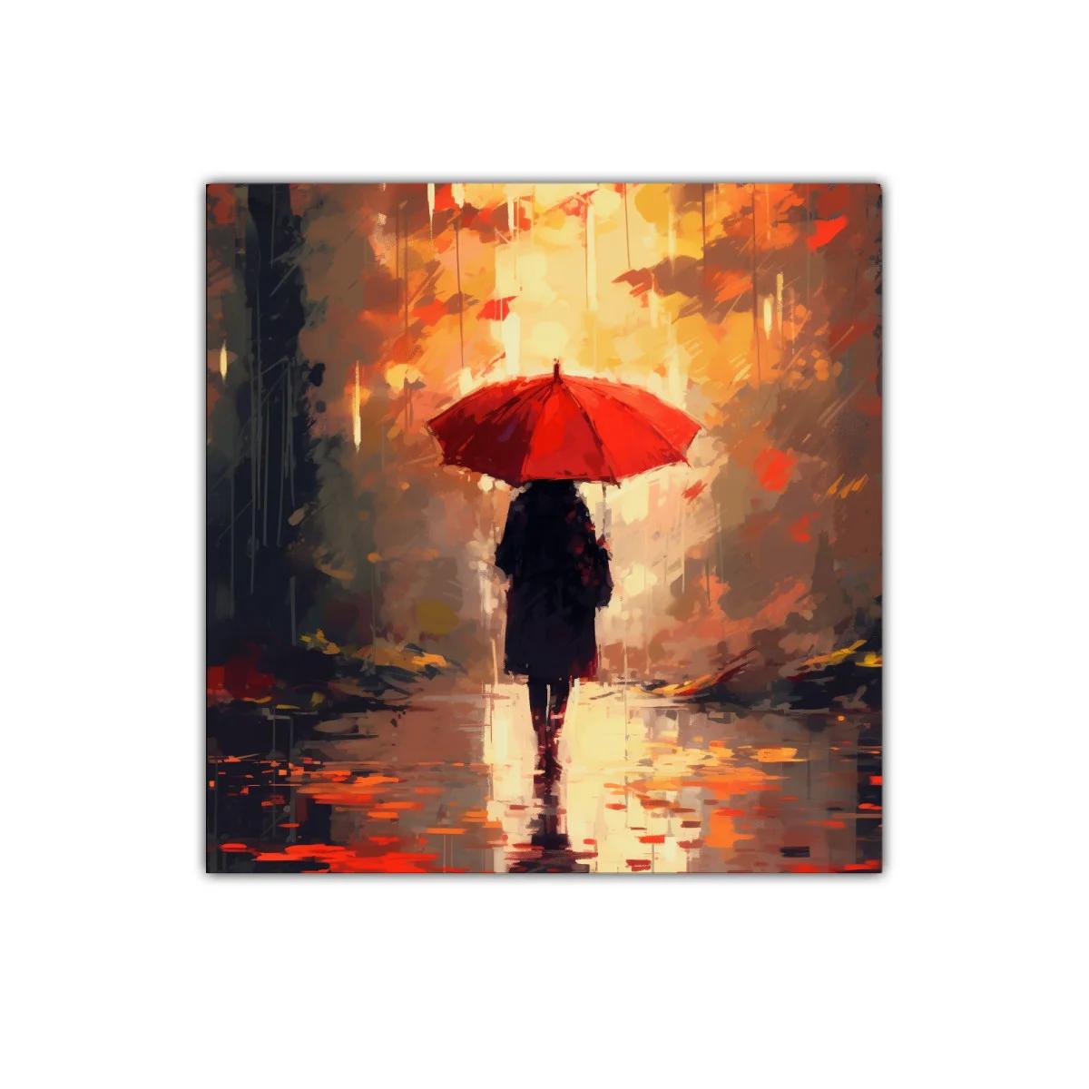 Caminante bajo paraguas rojo en paisaje otoñal — imagen principal