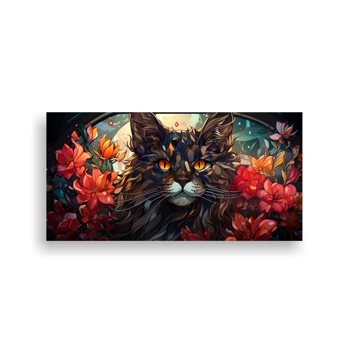 Cuadro gato de pelo largo entre flores abundantes