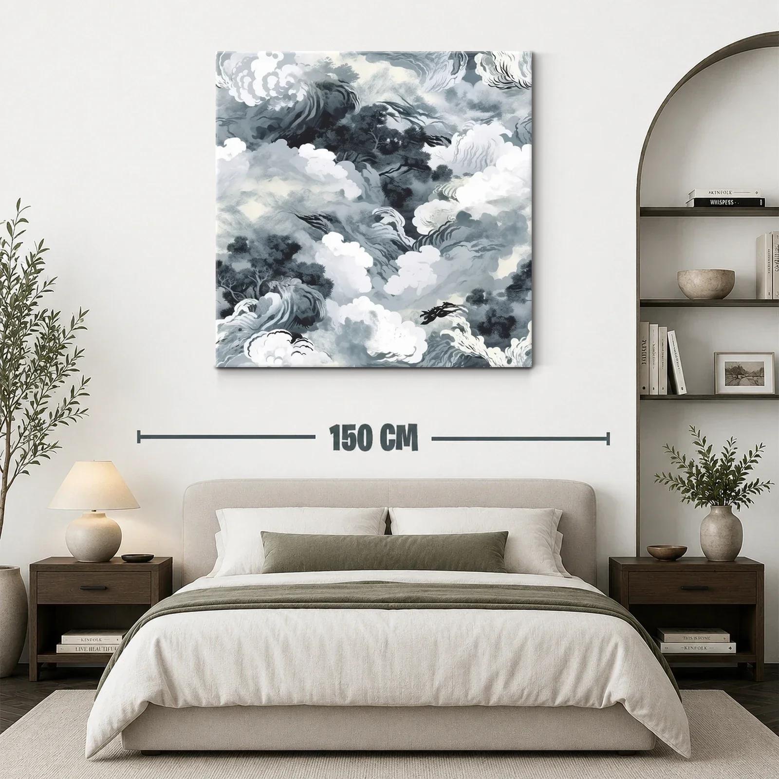 Cuadro abstracto con formas de nubes y árboles en tonos grises — miniatura 3