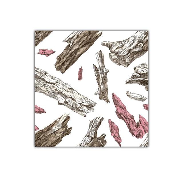 Composición moderna con fragmentos de madera en tonos naturales y rosa