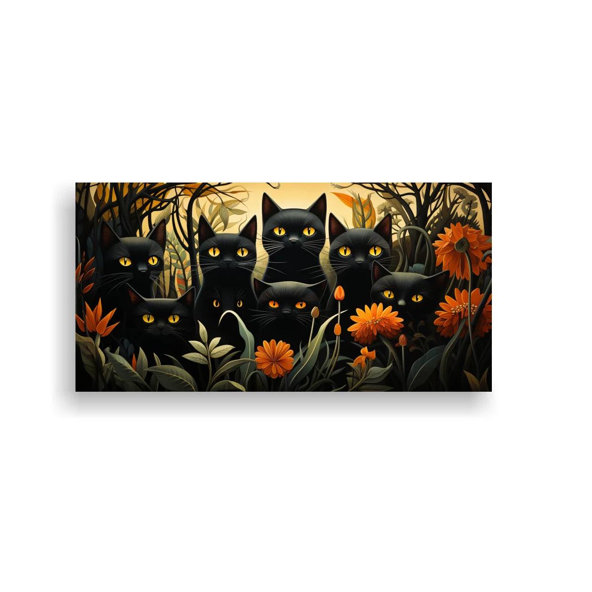 Cuadro grupo de gatos negros con flores y follaje