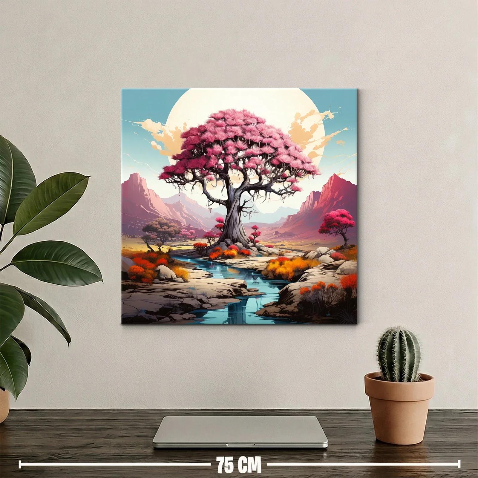 Árbol rosa en paisaje sereno con montañas al fondo — miniatura 2