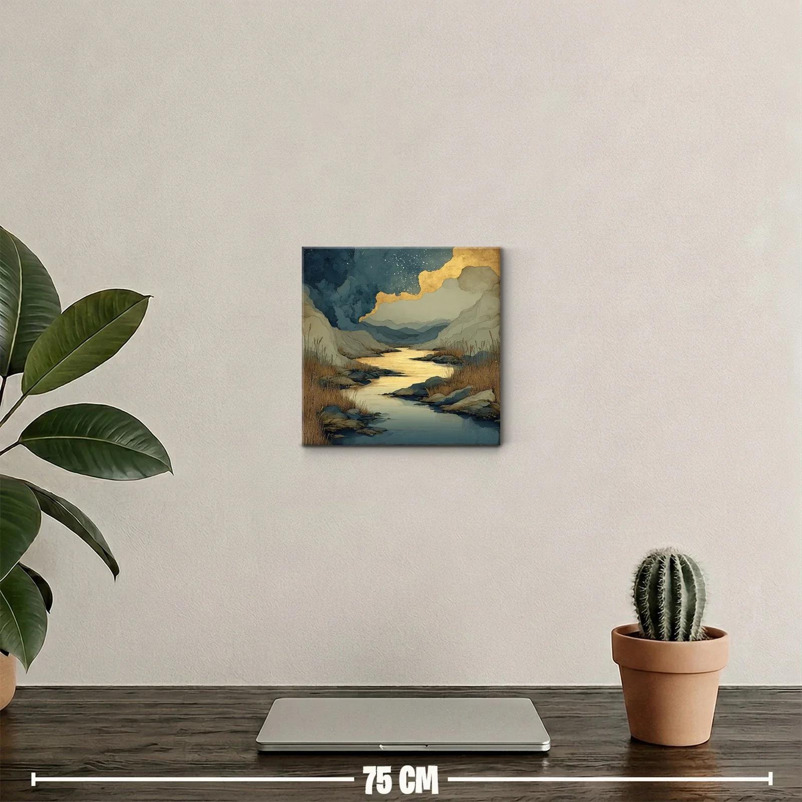Paisaje sereno con río dorado y montañas azules — miniatura 2