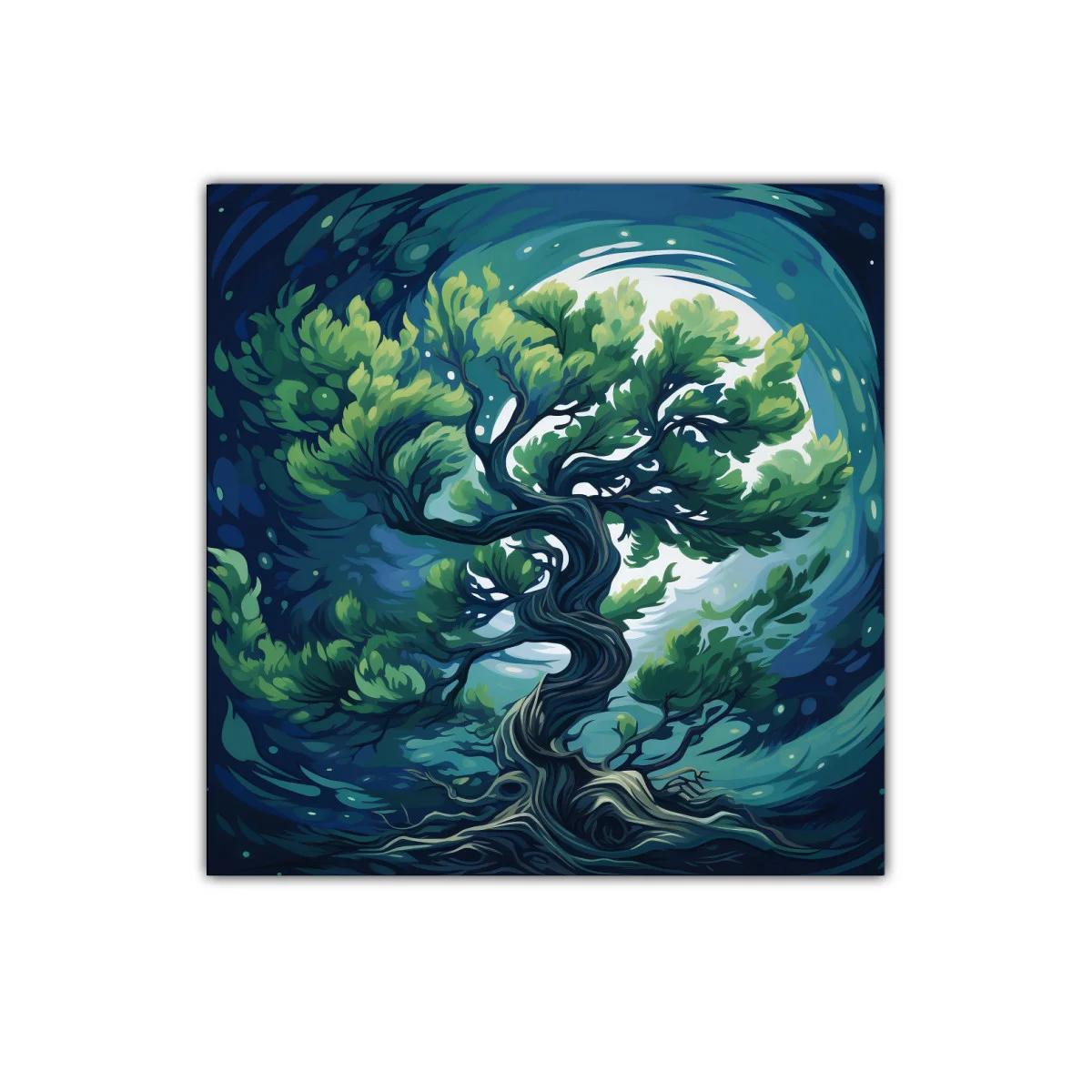 Cuadro Árbol Místico Bajo Luna Llena en Tonos Azules — imagen principal