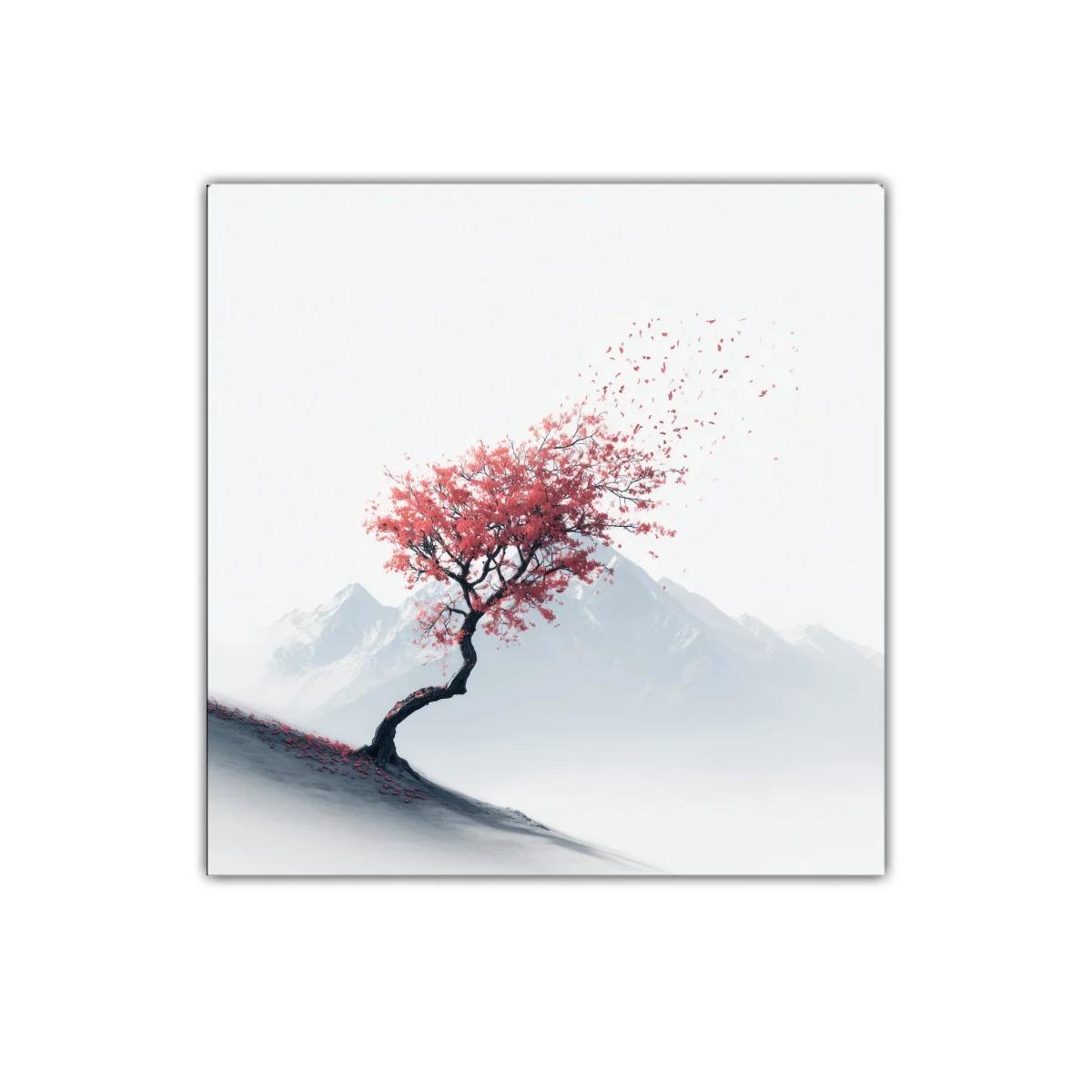 Árbol solitario con hojas rojas contra montañas — imagen principal