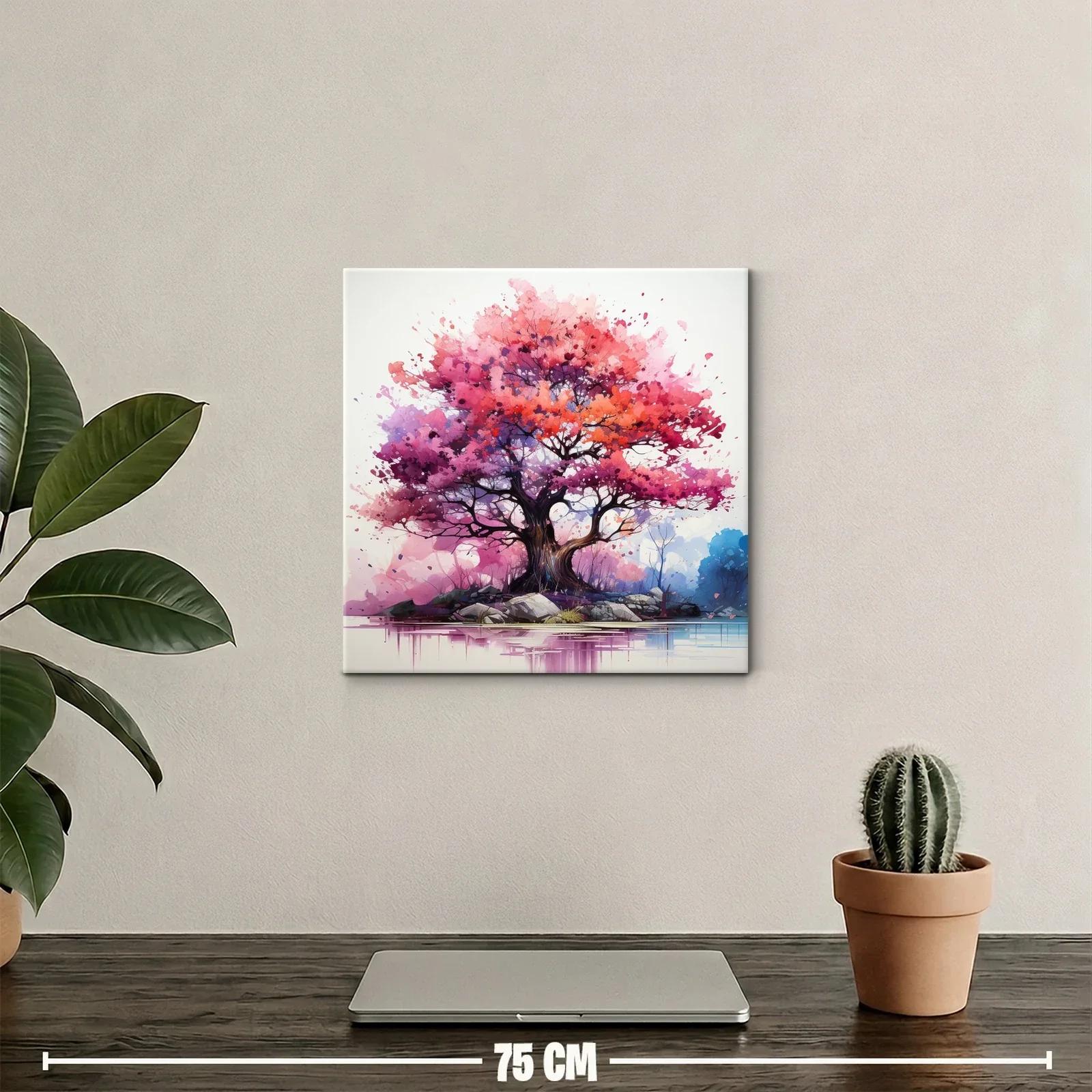 Árbol vibrante con tonos rosas y púrpuras sobre lago tranquilo — miniatura 2