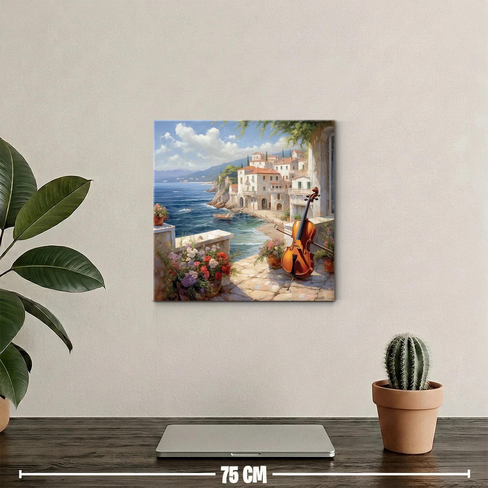 Paisaje costero con violonchelo y flores en primer plano — miniatura 2