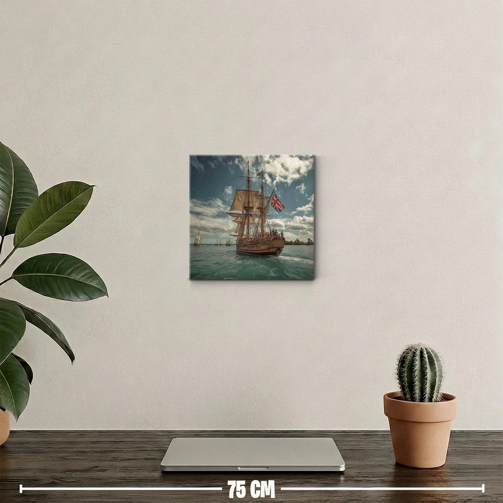 Barco antiguo con velas y bandera británica en el mar — miniatura 2