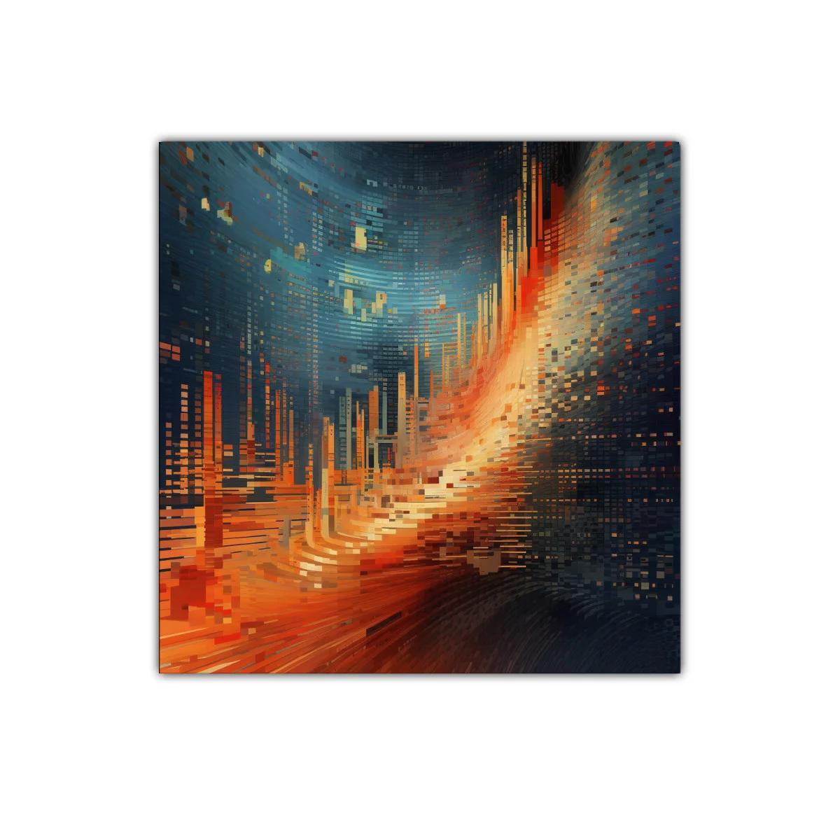 Cuadro abstracto con tonos cálidos y fríos en movimiento