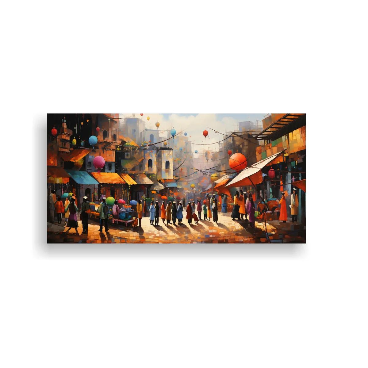 Cuadro mercado callejero urbano con globos rojos y azules — imagen principal