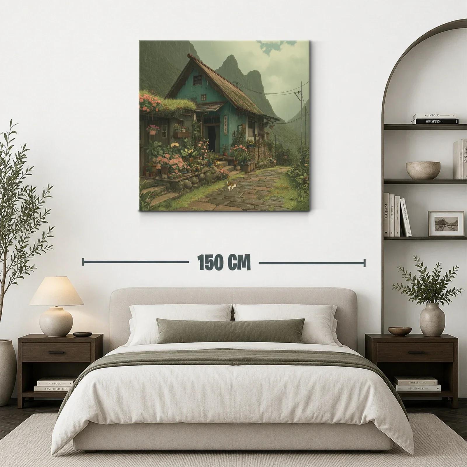 Paisaje rural con casa y jardín florido bajo lluvia suave — miniatura 3