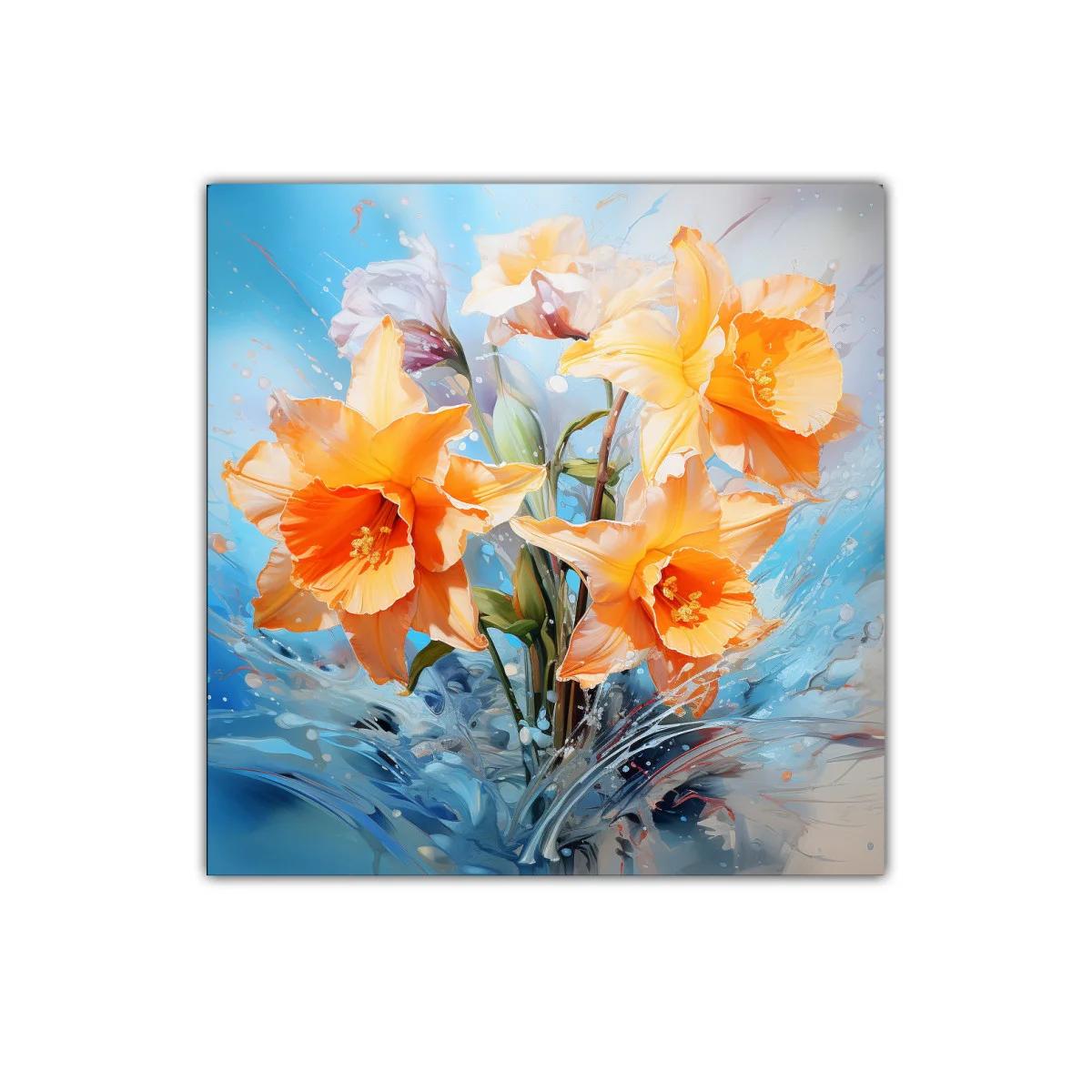 Cuadro decorativo con flores naranja y efecto acuático