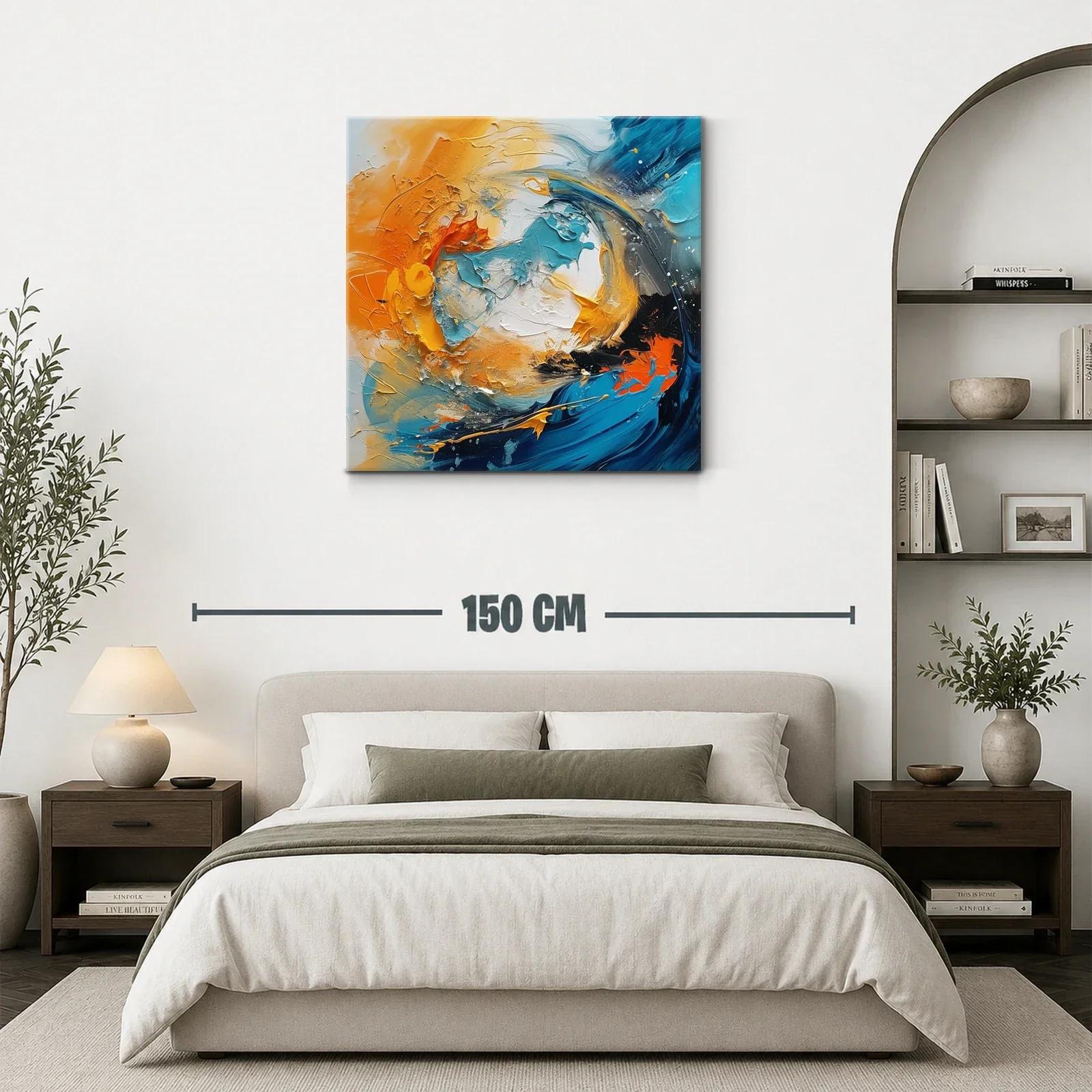 Cuadro abstracto en tonos turquesa y naranja vibrante — miniatura 3