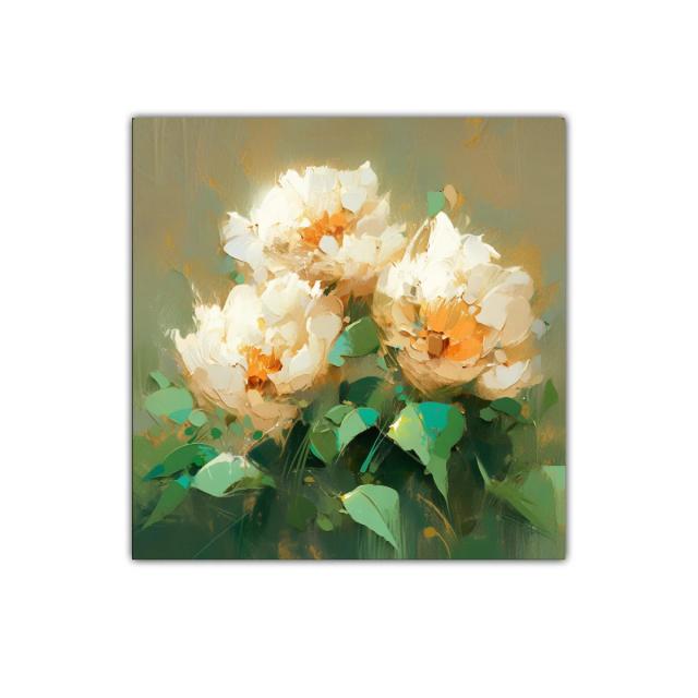 Cuadro con flores blancas y tonos verdes y dorados