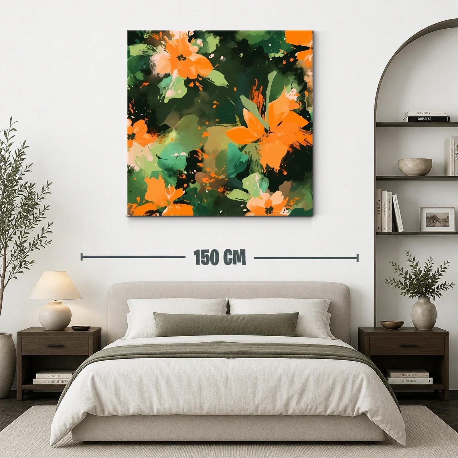 Cuadro abstracto con flores naranja y fondo verde oscuro — miniatura 3