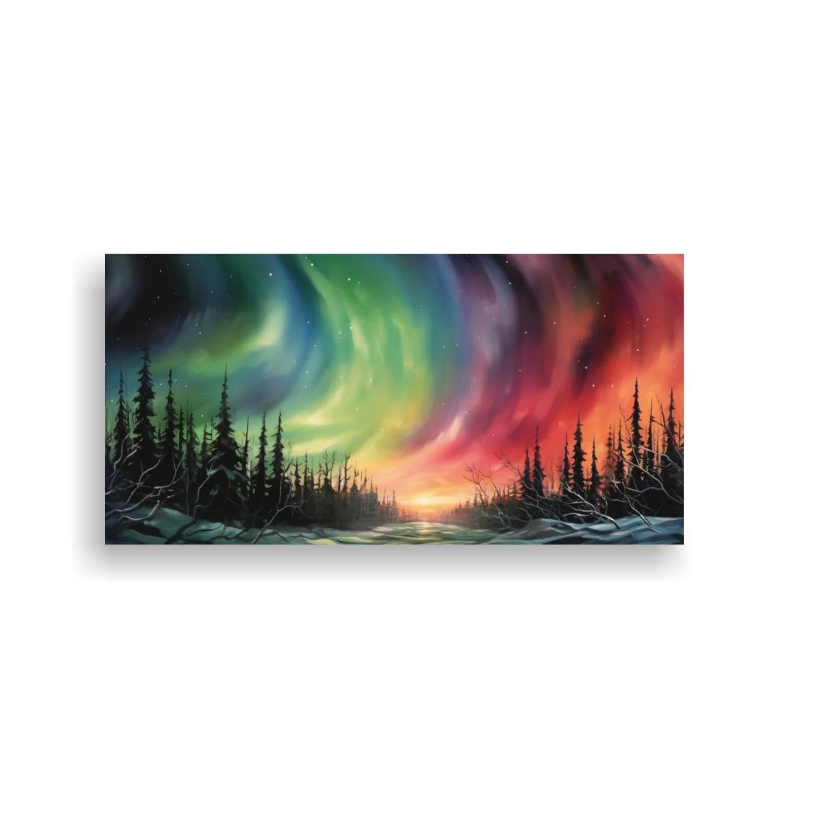 Cuadro aurora boreal sobre bosque de pinos en paisaje panorámico