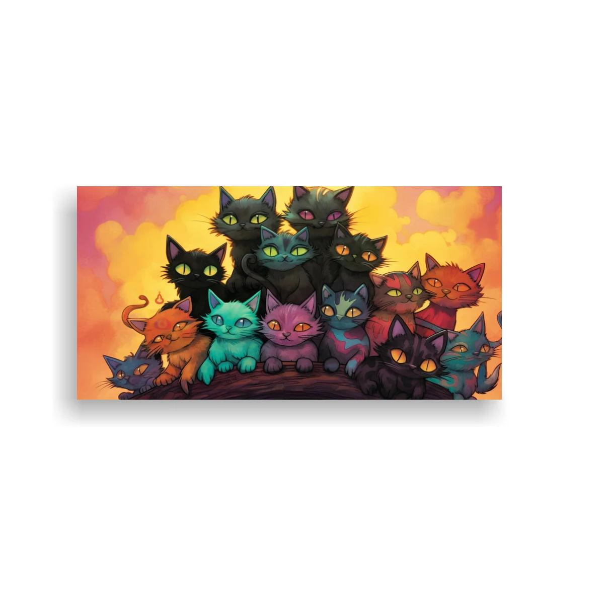 Cuadro grupo de gatos de colores sobre colina