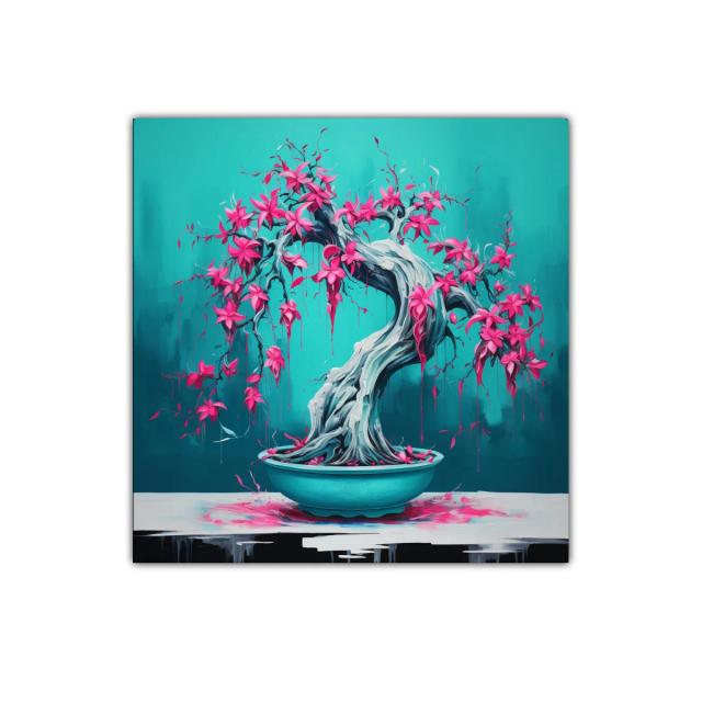 Bonsái florecido en tonos vibrantes y fondo turquesa